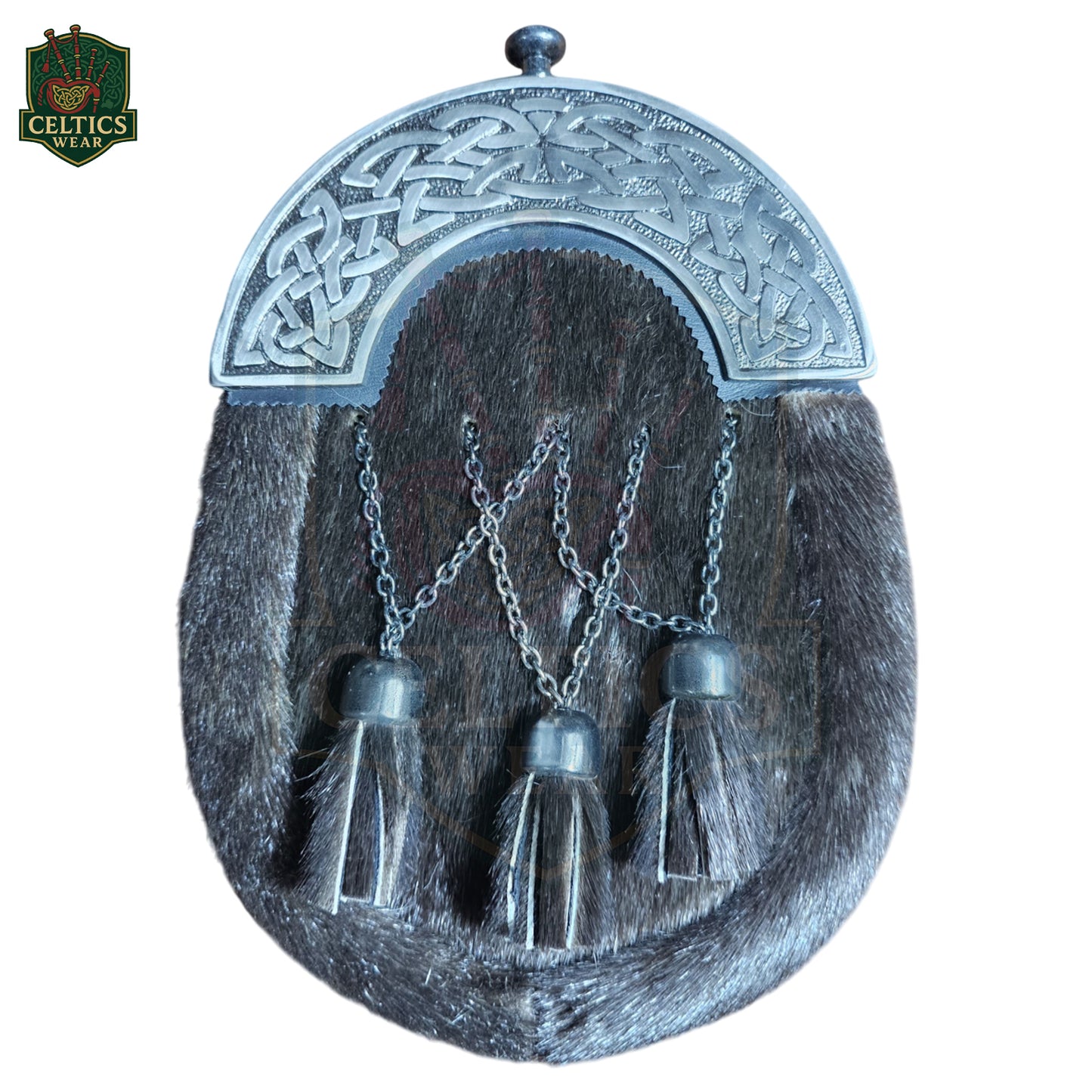 Black Fur Dress Sporran – Cross Tassel Design with Celtic Chrome Cantle | Traditional Highland Accessory - celticswear