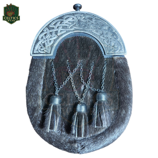 Black Fur Dress Sporran – Cross Tassel Design with Celtic Chrome Cantle | Traditional Highland Accessory - celticswear