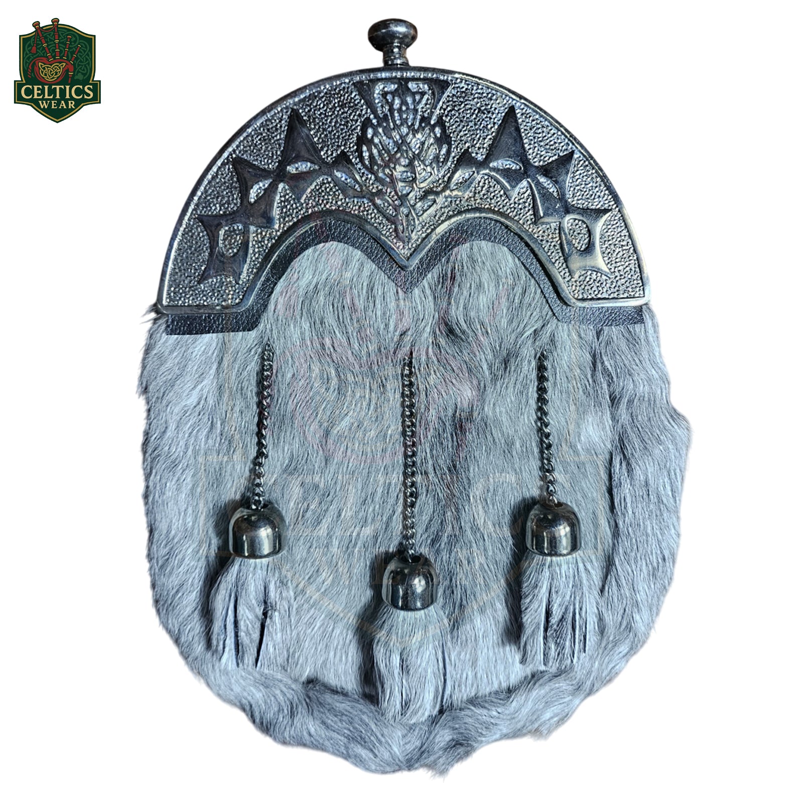 Grey Fur Dress Sporran with Chrome Celtic Thistle Cantle – Elegant Highland Kilt Accessory - celticswear