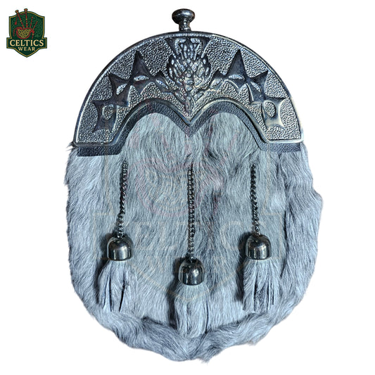 Grey Fur Dress Sporran with Chrome Celtic Thistle Cantle – Elegant Highland Kilt Accessory - celticswear