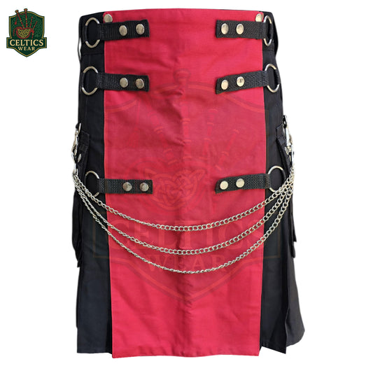 Red & Black Utility Kilt with Chains – Rugged Highland Fusion for Men