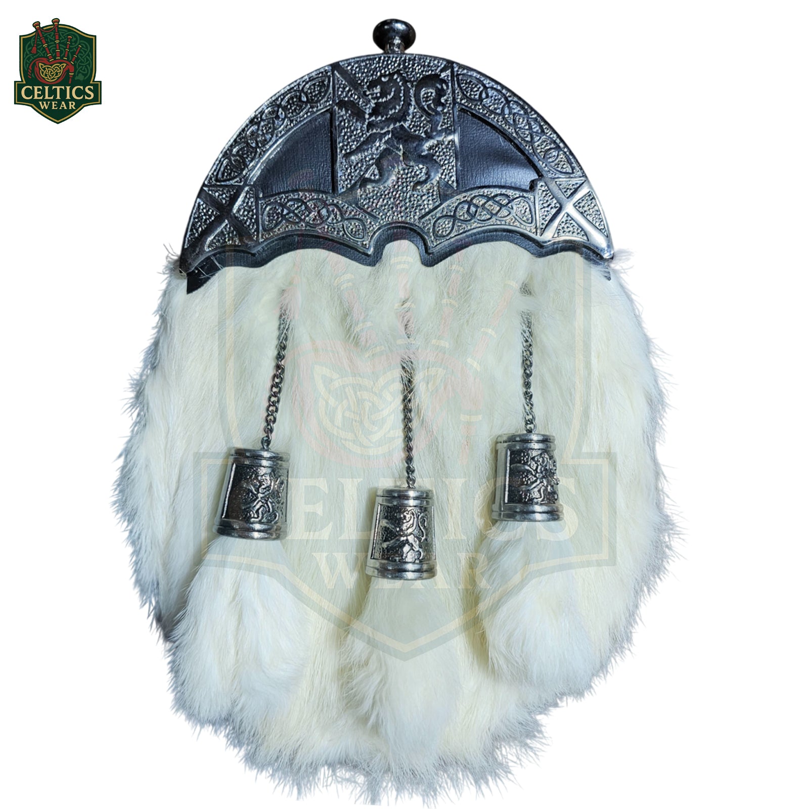 Lion Trumpet Chrome White Fur Sporran – Majestic Highland Dress Accessory - celticswear