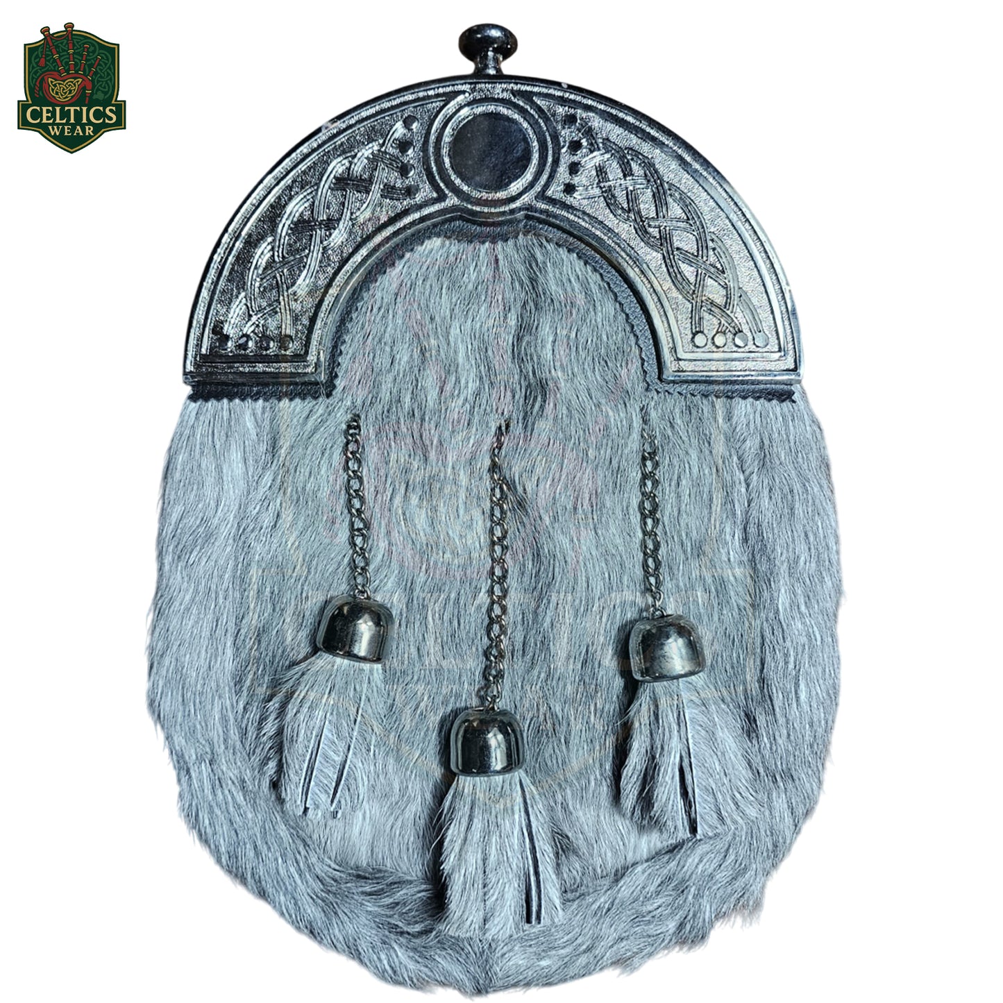 Grey Fur Dress Sporran with Chrome Celtic Knot Cantle – Elegant Highland Kilt Accessory - celticswear