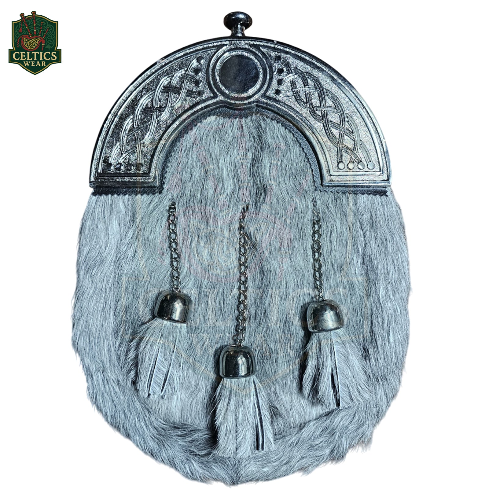 Grey Fur Dress Sporran with Chrome Celtic Knot Cantle – Elegant Highland Kilt Accessory - celticswear