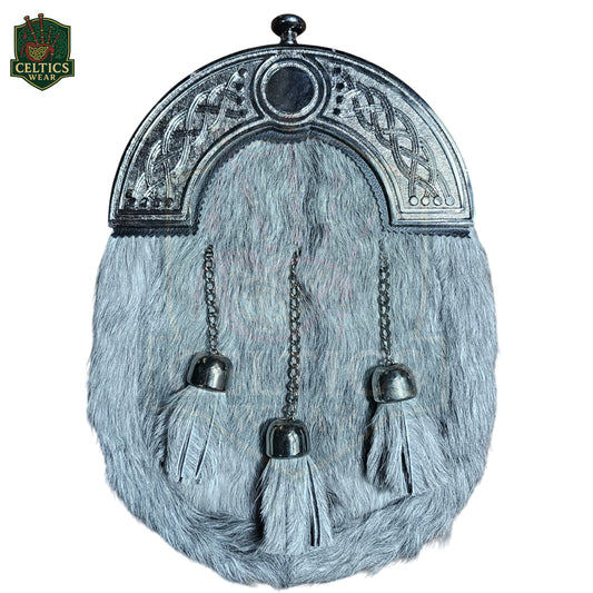 Grey Fur Dress Sporran with Chrome Celtic Knot Cantle – Elegant Highland Kilt Accessory - celticswear