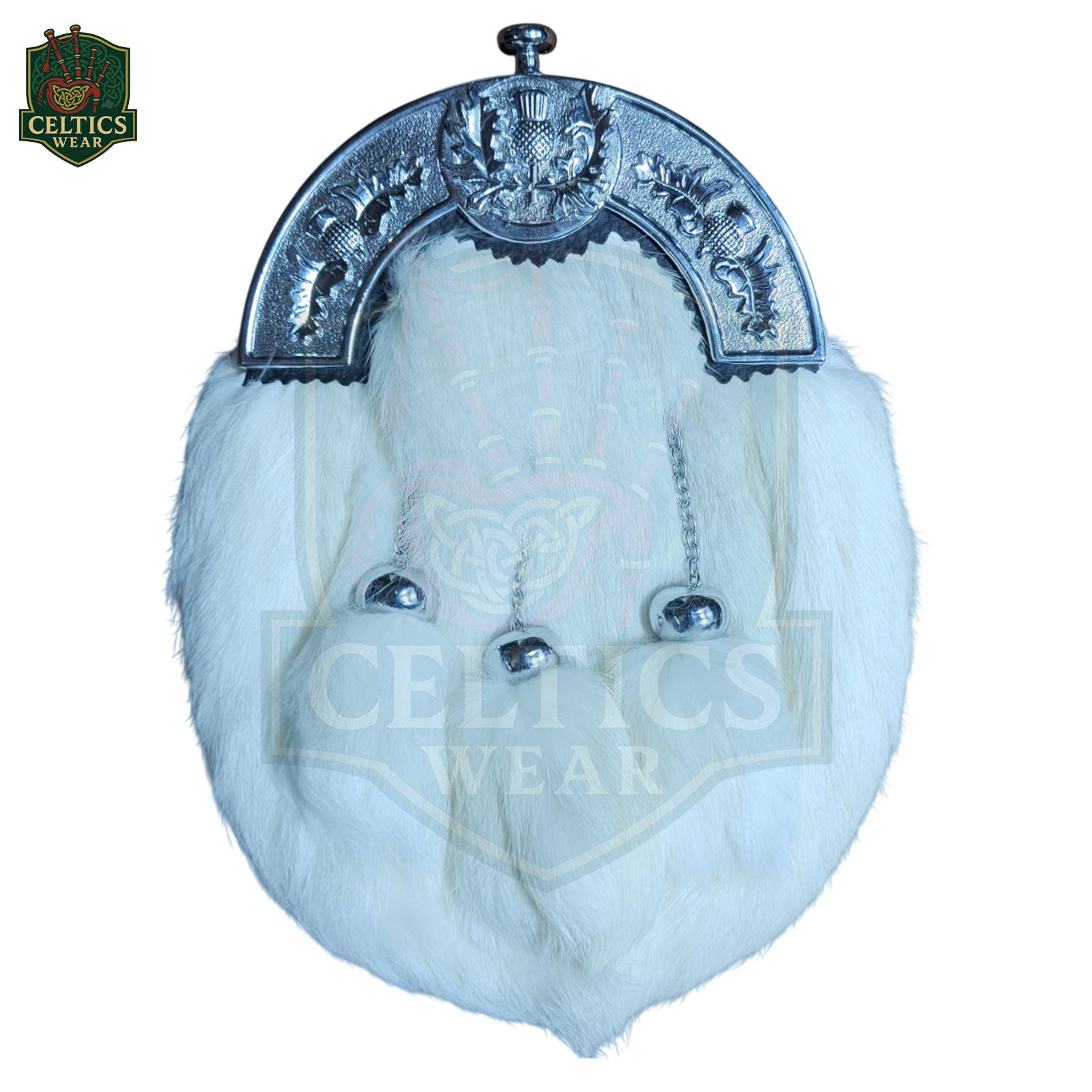 White Rabbit Fur Dress Sporran – Premium Formal Kilt Accessory with Celtic Chrome Cantle - celticswear