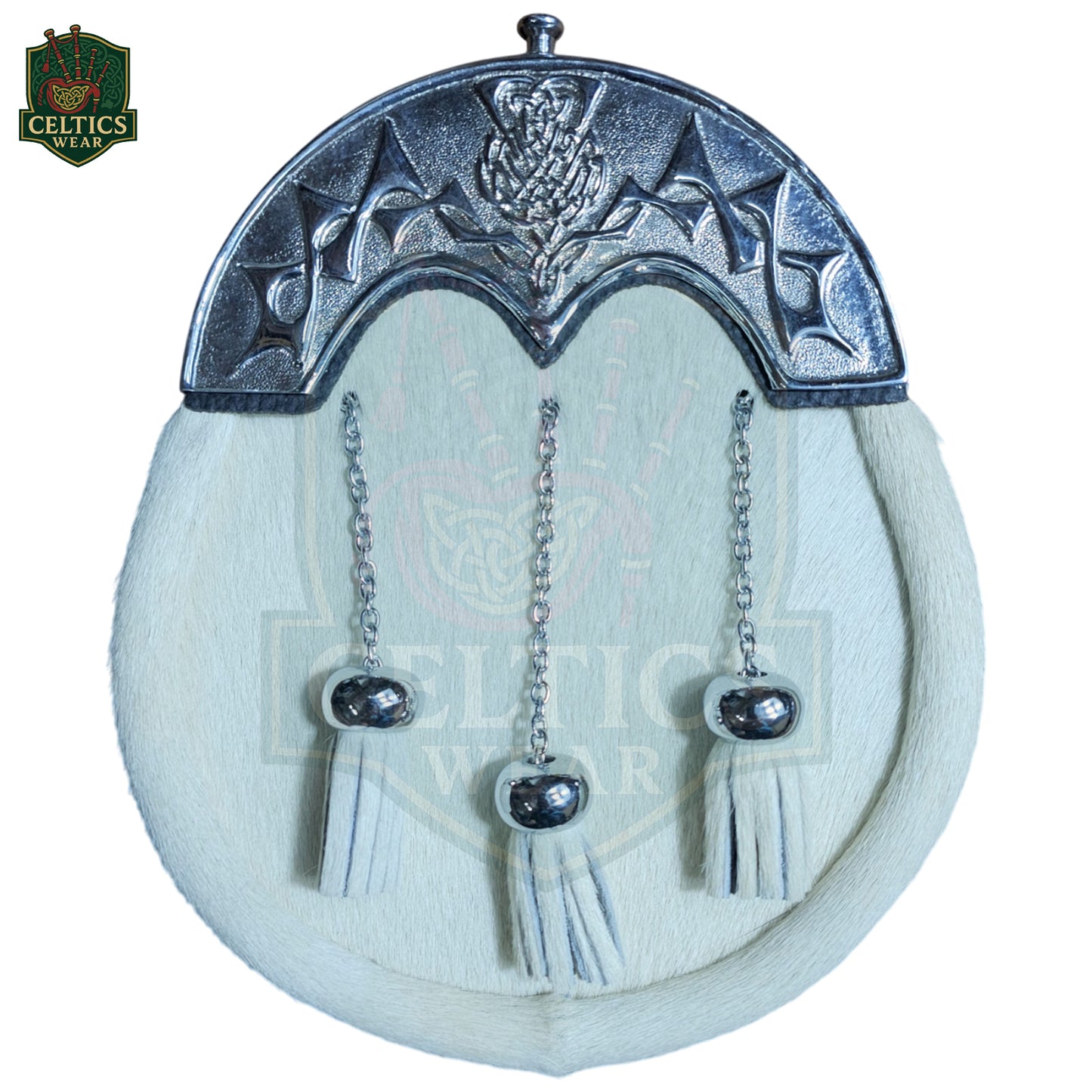 White Fur Dress Sporran with Rampant Chrome Cantle – Regal Highland Accessory for Kilt Attire - celticswear