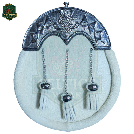 White Fur Dress Sporran with Rampant Chrome Cantle – Regal Highland Accessory for Kilt Attire - celticswear