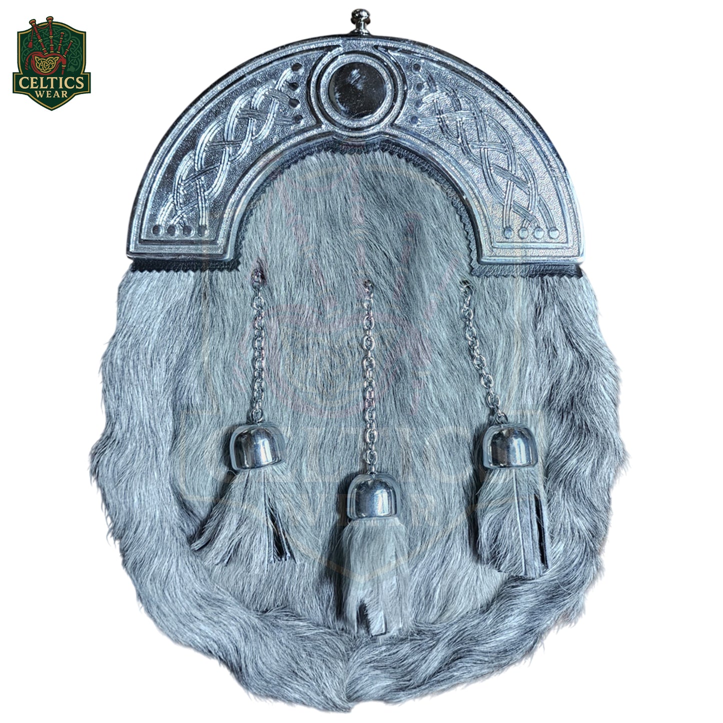Scottish Grey Fur Dress Sporran with Chrome Celtic Cantle – Classic Highland Kilt Accessory - celticswear