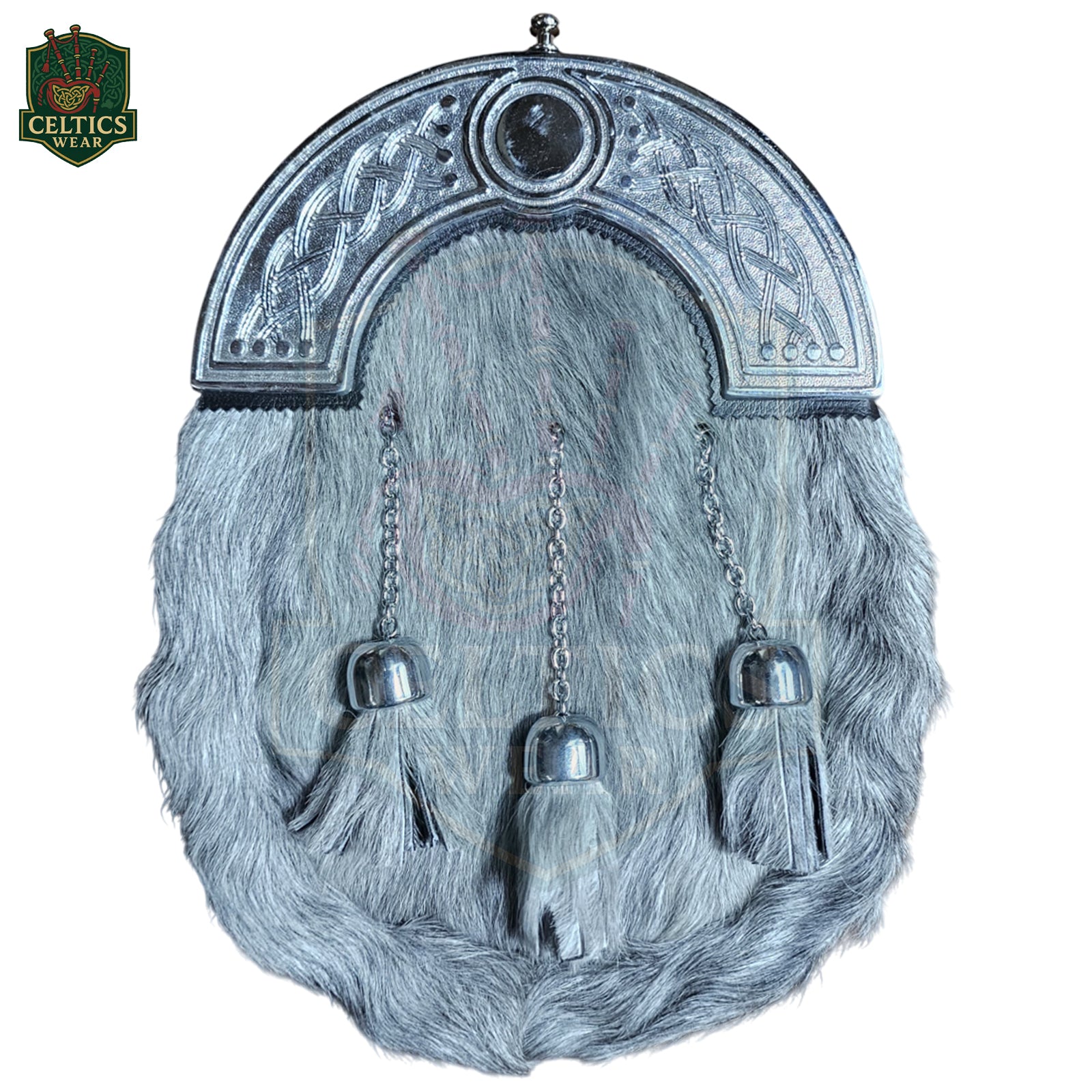 Scottish Grey Fur Dress Sporran with Chrome Celtic Cantle – Classic Highland Kilt Accessory - celticswear