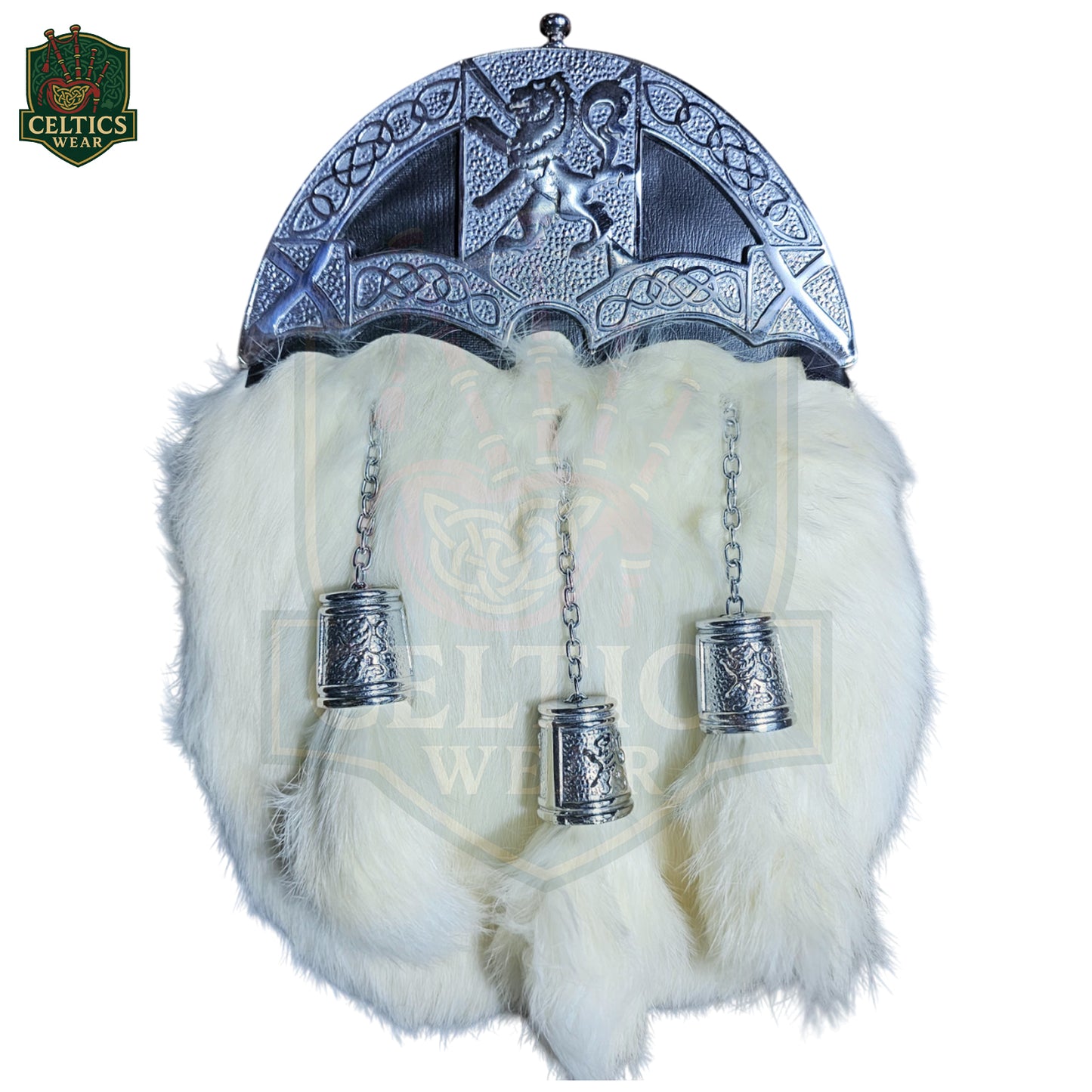 Rampant Lion White Fur Dress Sporran – Traditional Highland Accessory with Chrome Cantle - celticswear