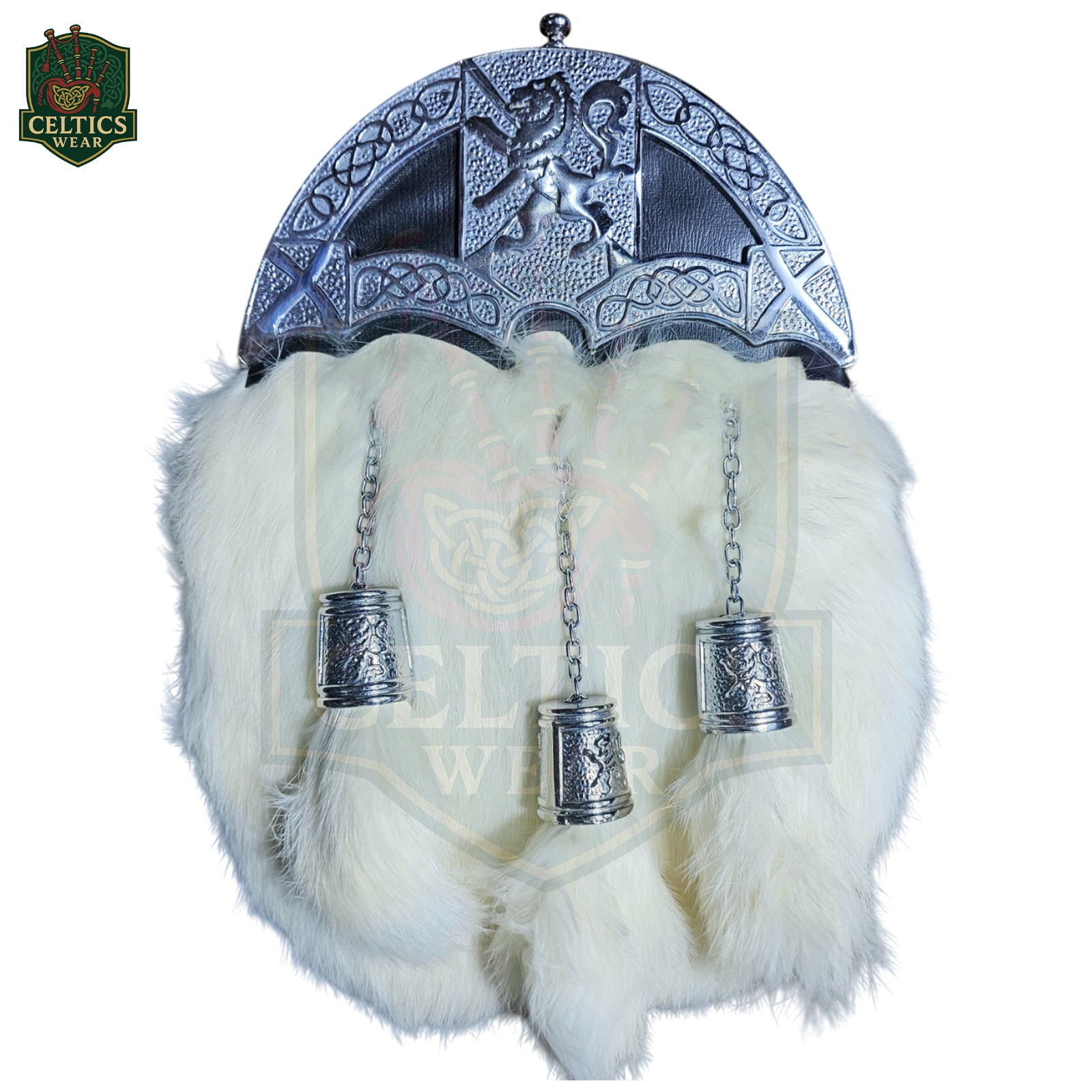 Rampant Lion White Fur Dress Sporran – Traditional Highland Accessory with Chrome Cantle - celticswear