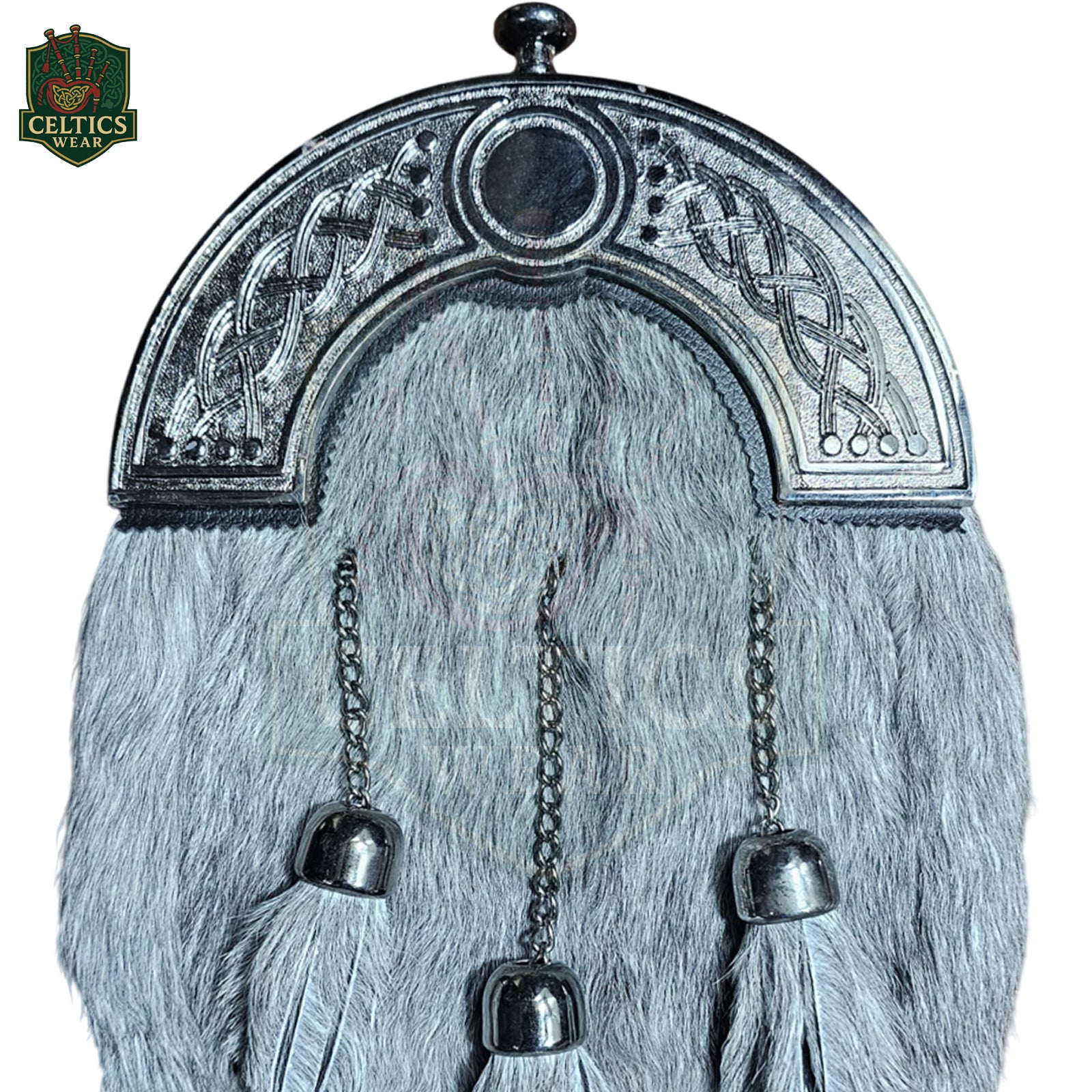 Grey Fur Dress Sporran with Chrome Celtic Knot Cantle – Elegant Highland Kilt Accessory - celticswear