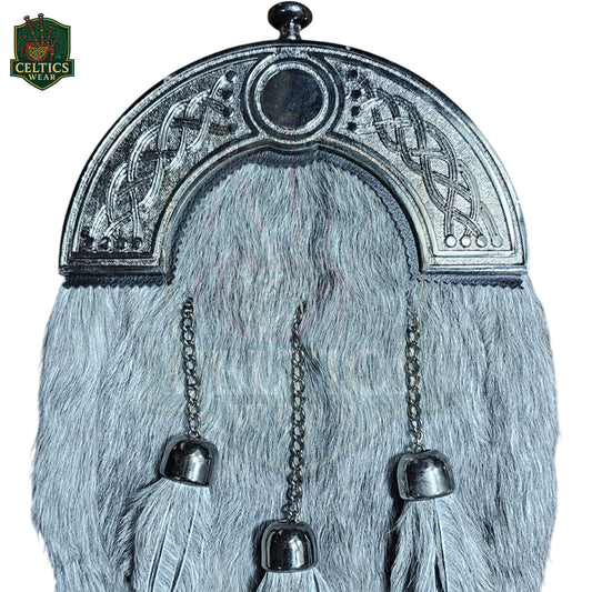 Grey Fur Dress Sporran with Chrome Celtic Knot Cantle – Elegant Highland Kilt Accessory - celticswear