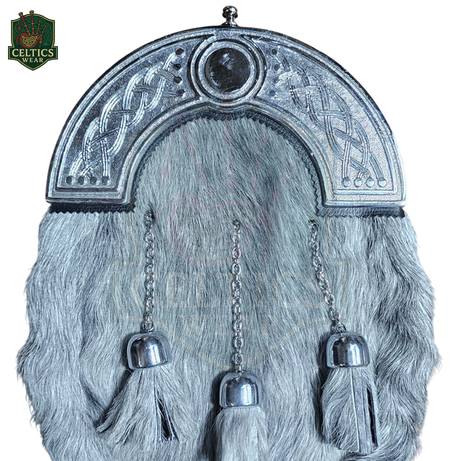 Scottish Grey Fur Dress Sporran with Chrome Celtic Cantle – Classic Highland Kilt Accessory - celticswear