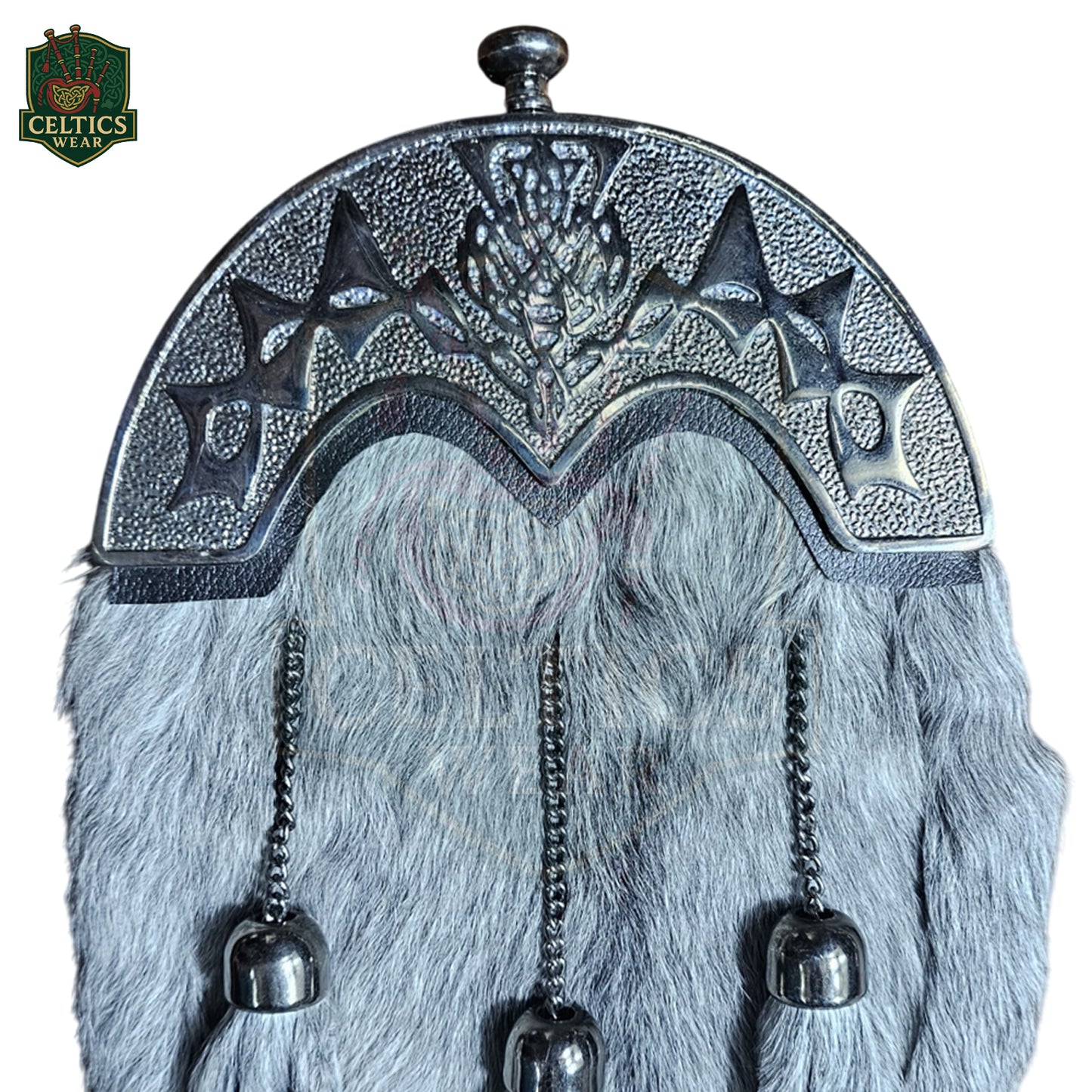 Grey Fur Dress Sporran with Chrome Celtic Thistle Cantle – Elegant Highland Kilt Accessory - celticswear