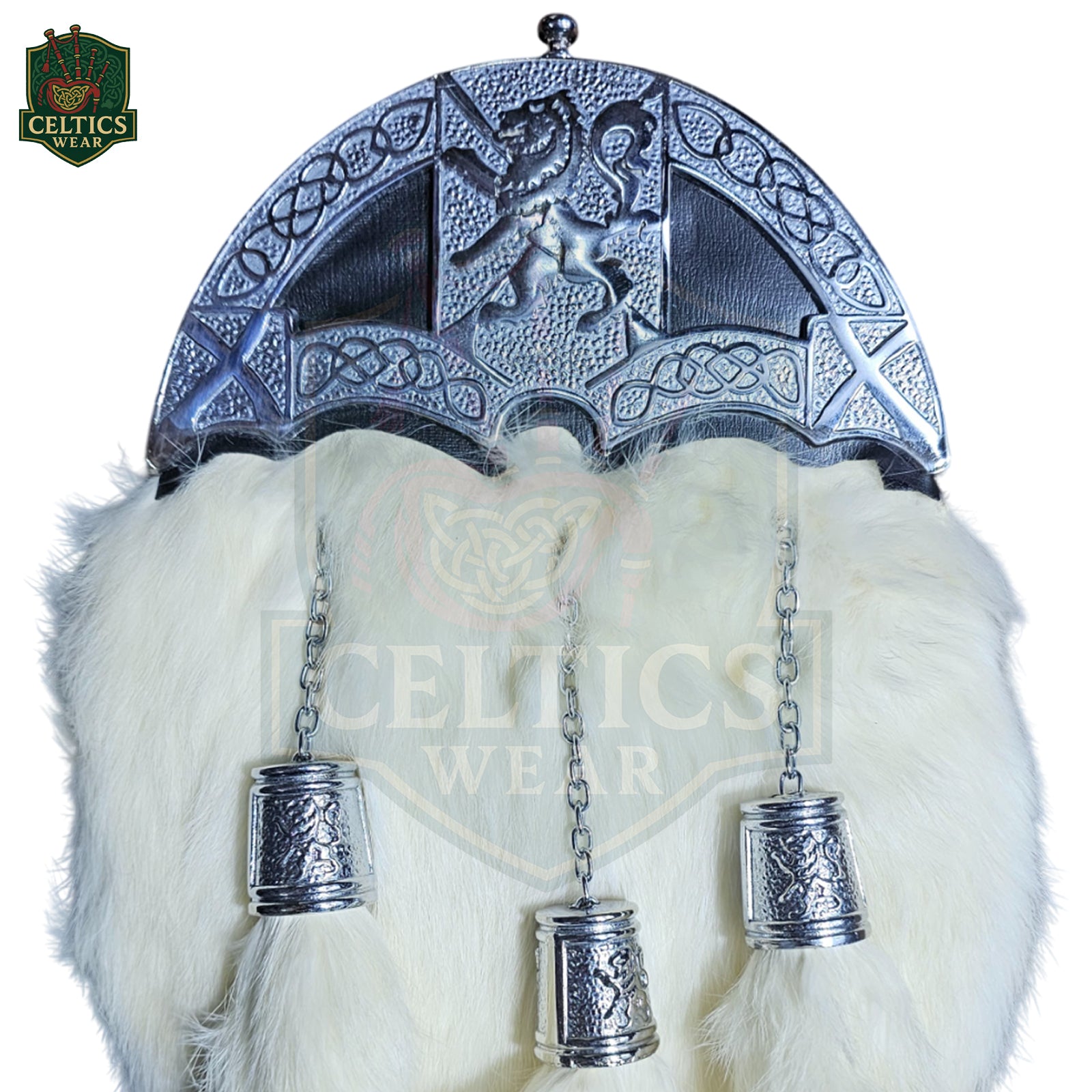 Rampant Lion White Fur Dress Sporran – Traditional Highland Accessory with Chrome Cantle - celticswear