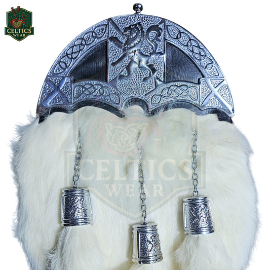Rampant Lion White Fur Dress Sporran – Traditional Highland Accessory with Chrome Cantle - celticswear