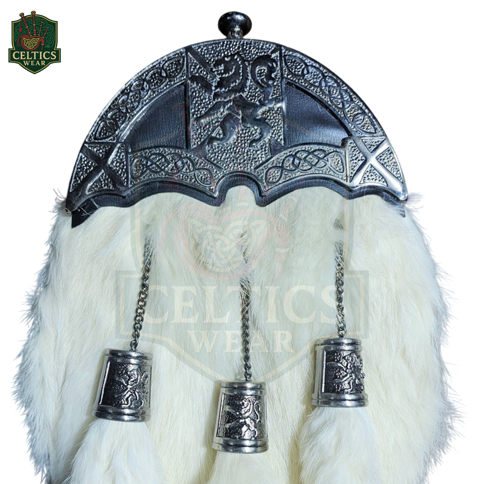 Lion Trumpet Chrome White Fur Sporran – Majestic Highland Dress Accessory - celticswear