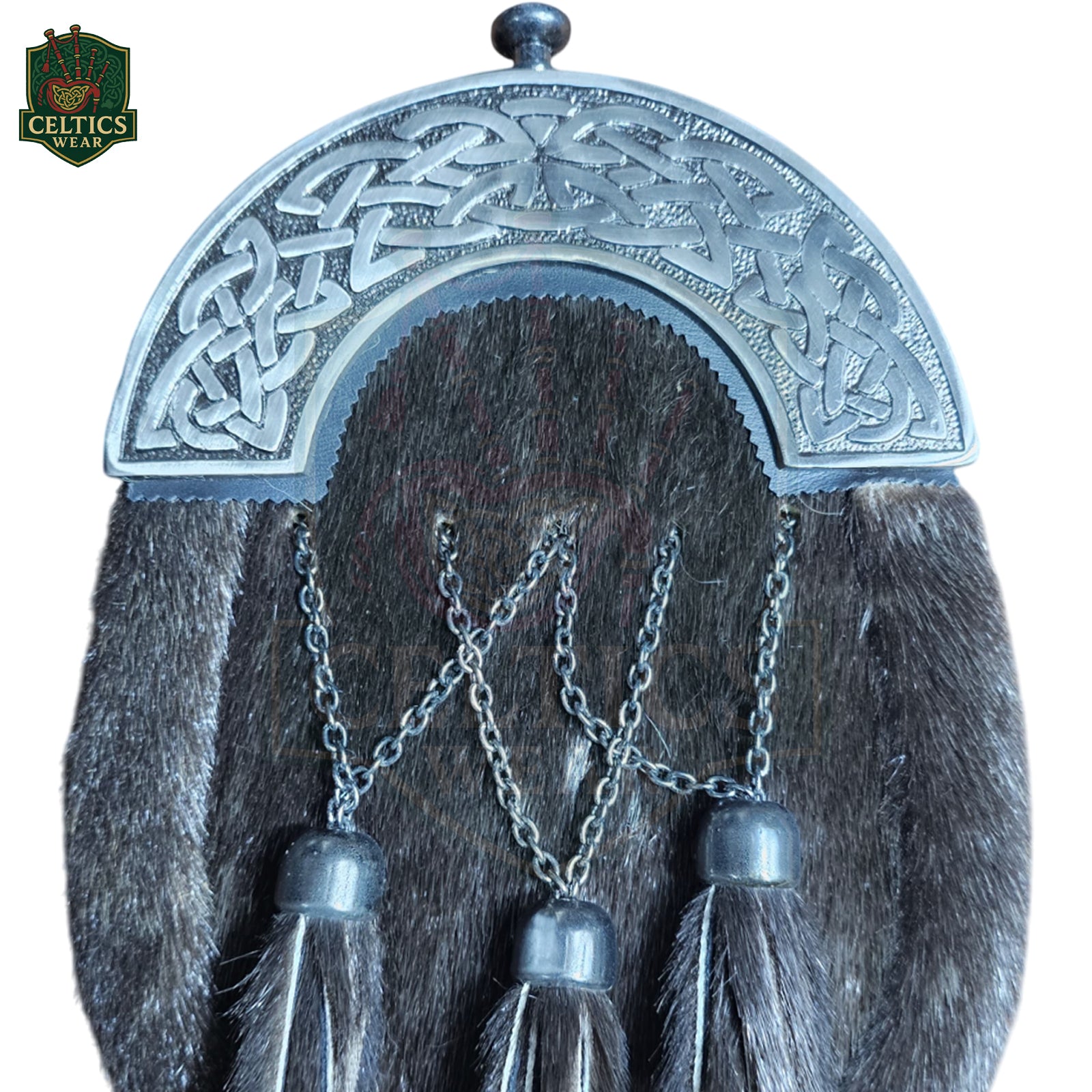 Black Fur Dress Sporran – Cross Tassel Design with Celtic Chrome Cantle | Traditional Highland Accessory - celticswear