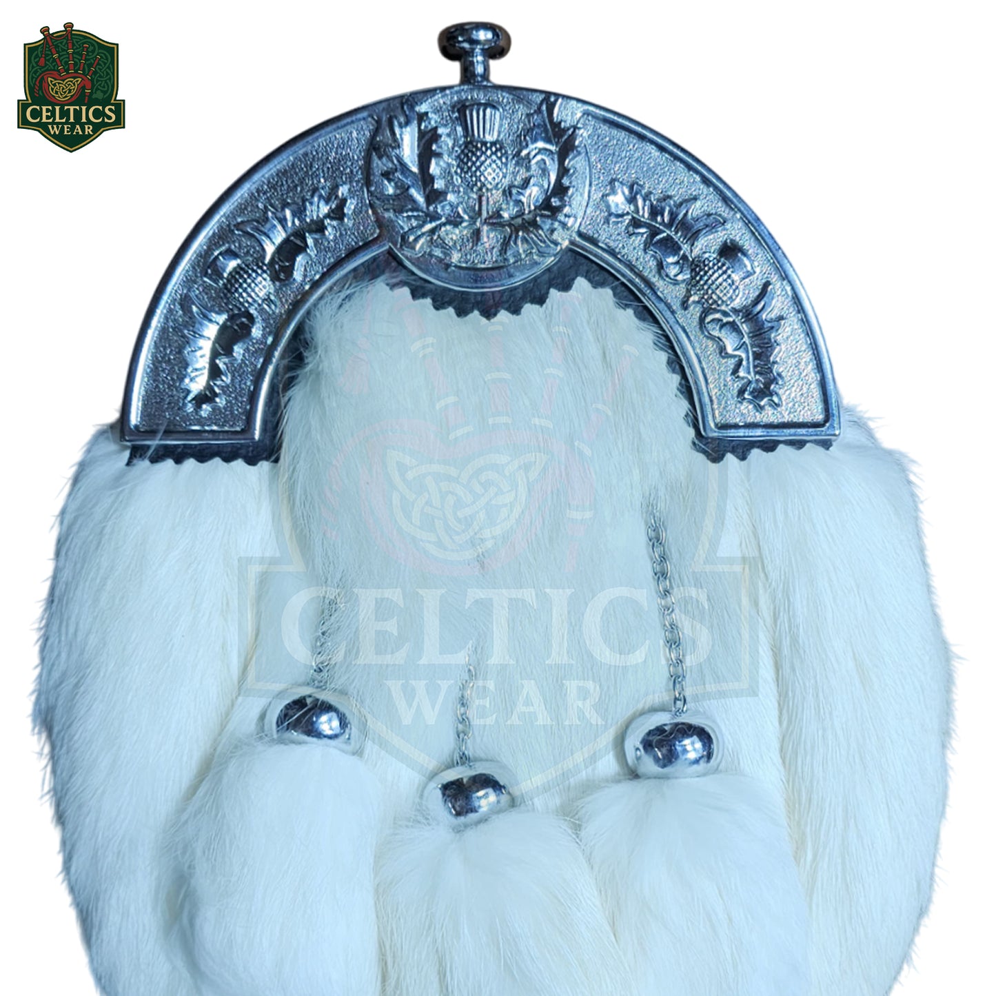 White Rabbit Fur Dress Sporran – Premium Formal Kilt Accessory with Celtic Chrome Cantle - celticswear