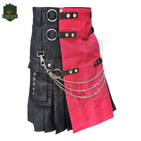 Red & Black Utility Kilt with Chains – Rugged Highland Fusion for Men