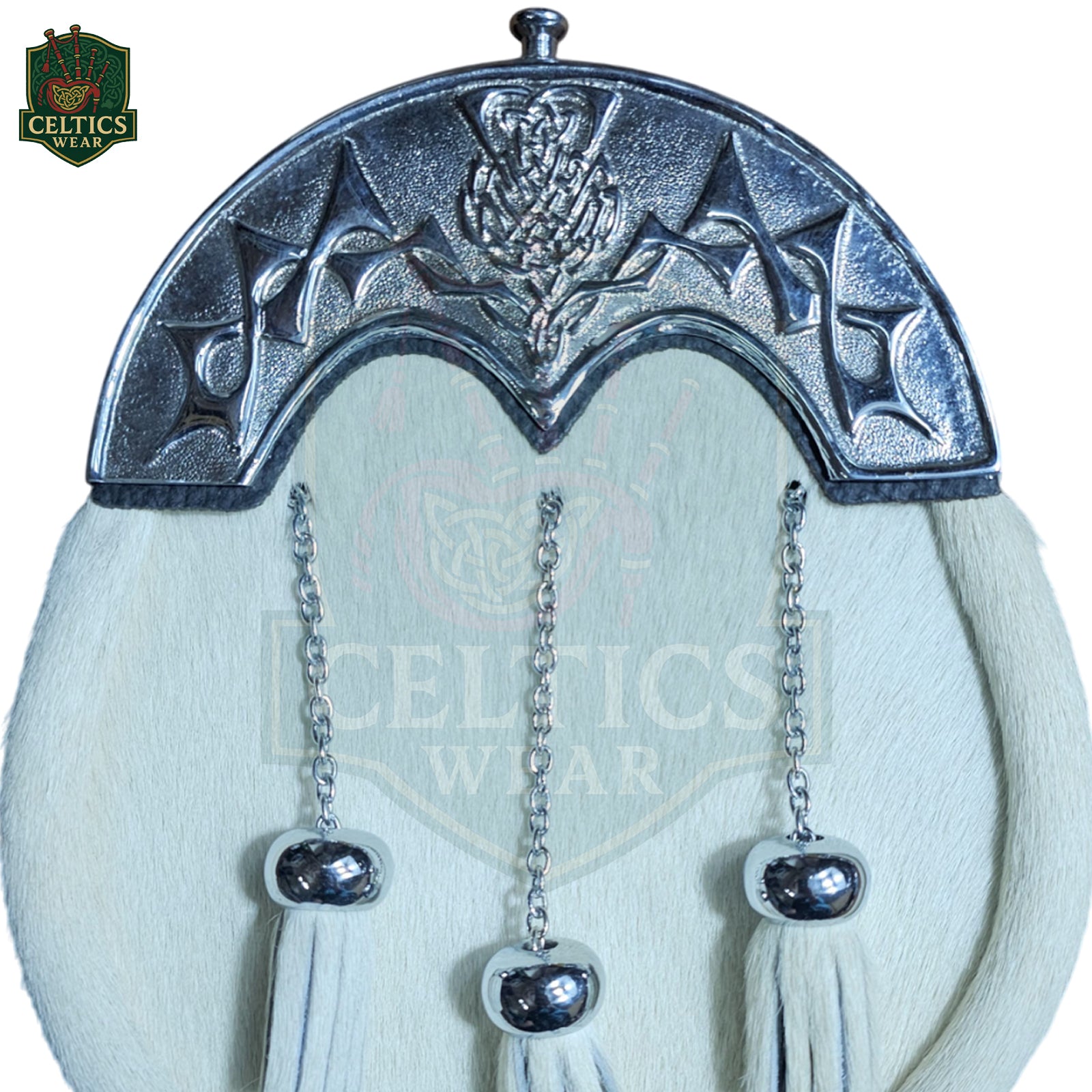 White Fur Dress Sporran with Rampant Chrome Cantle – Regal Highland Accessory for Kilt Attire - celticswear