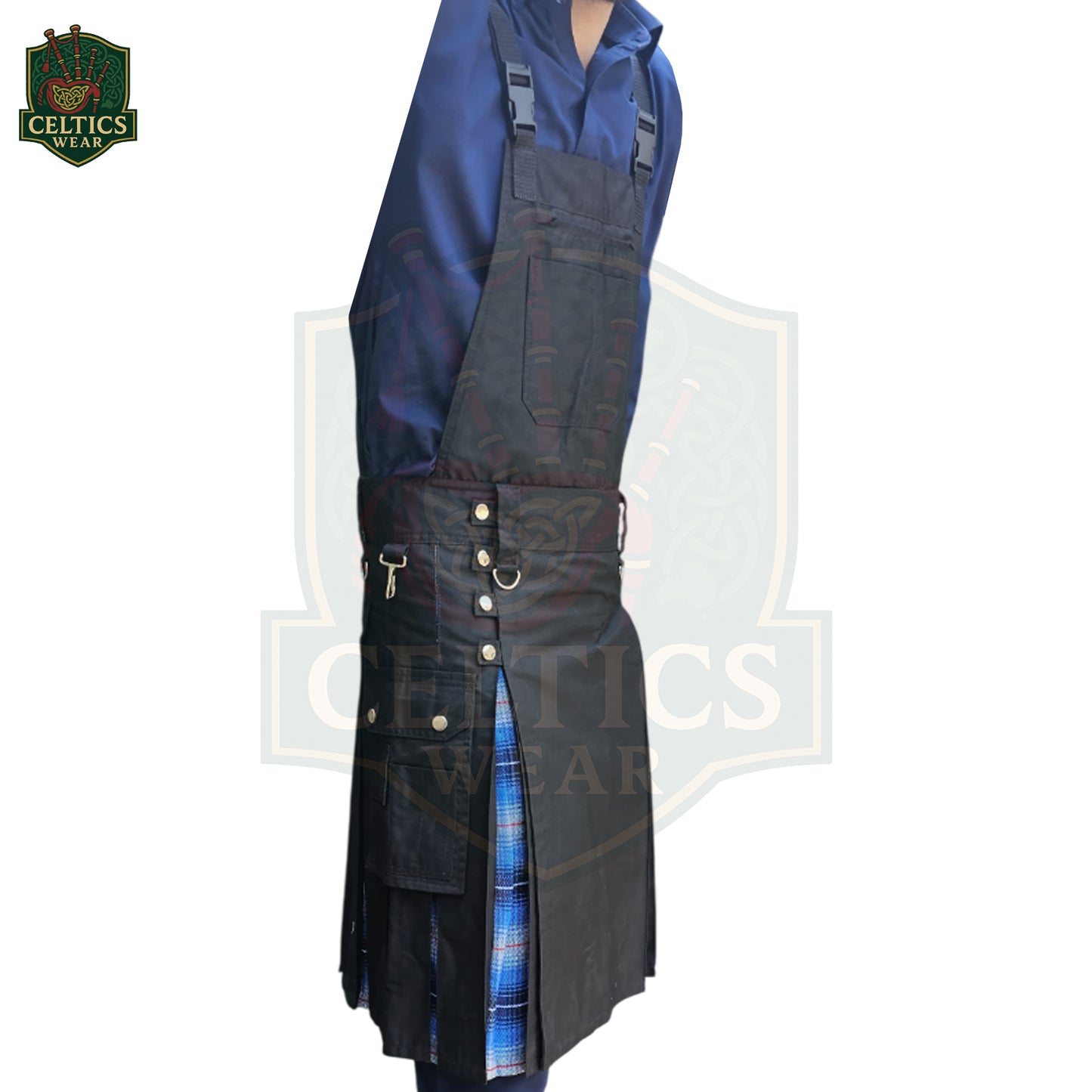 Men’s Black Hybrid Utility Kilt with Blue Tartan Pleats – Cargo Pockets & D-Rings Overkilt