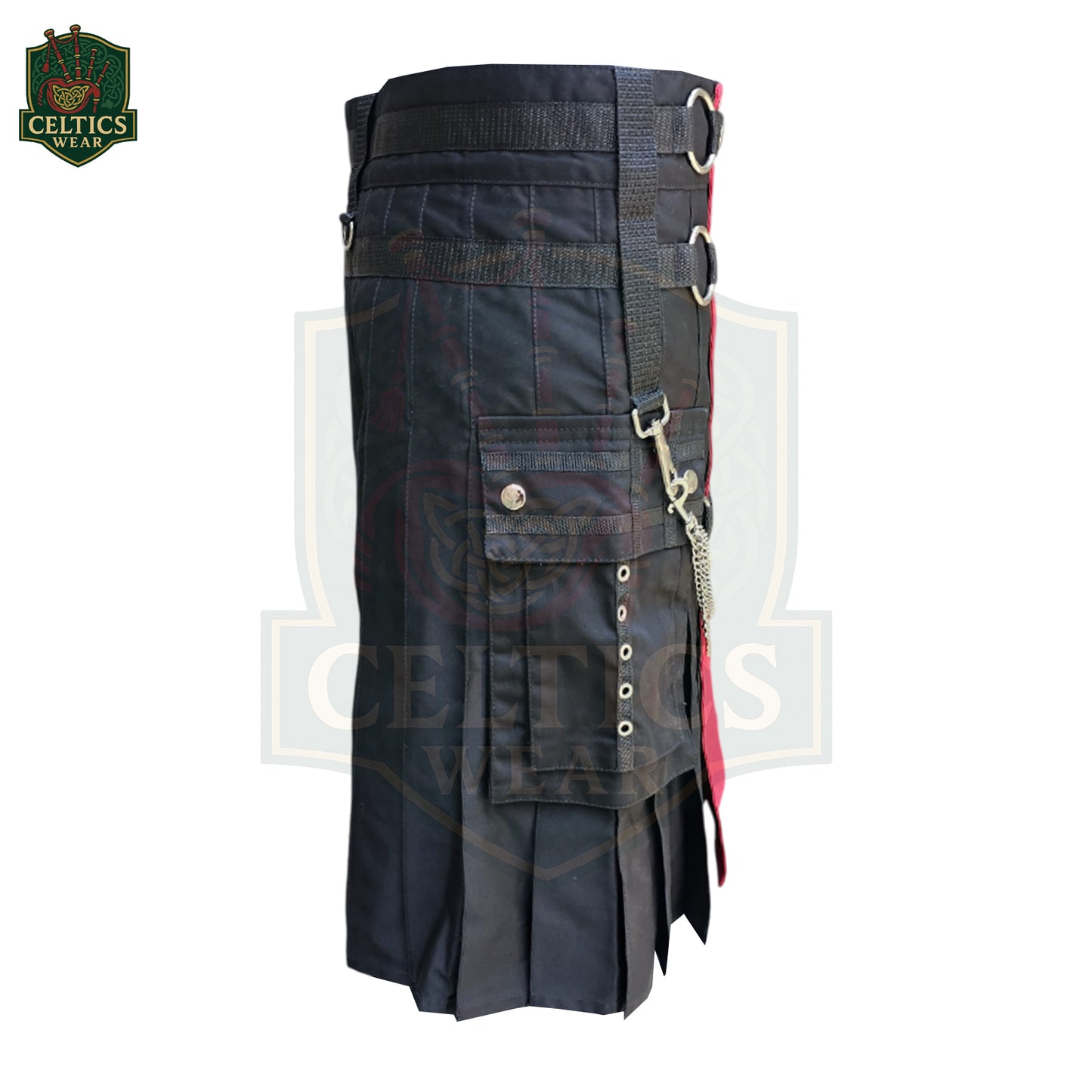Red & Black Utility Kilt with Chains – Rugged Highland Fusion for Men