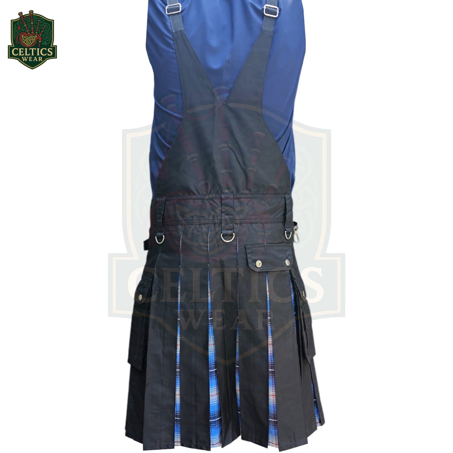 Men’s Black Hybrid Utility Kilt with Blue Tartan Pleats – Cargo Pockets & D-Rings Overkilt