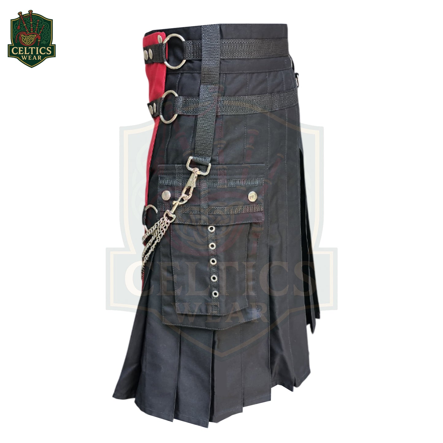 Red & Black Utility Kilt with Chains – Rugged Highland Fusion for Men