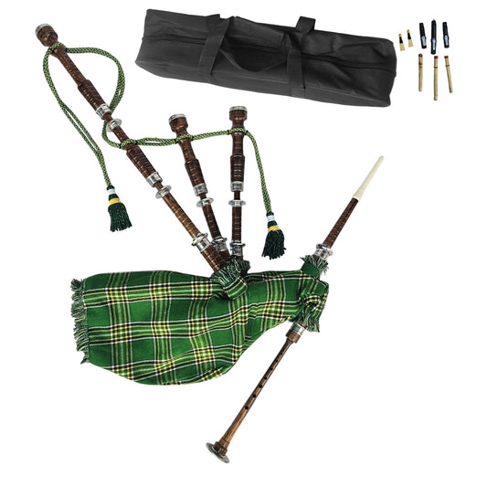 Great Highland Bagpipe – Natural Wood, Irish Green Tartan, Reeds & Carry Bag