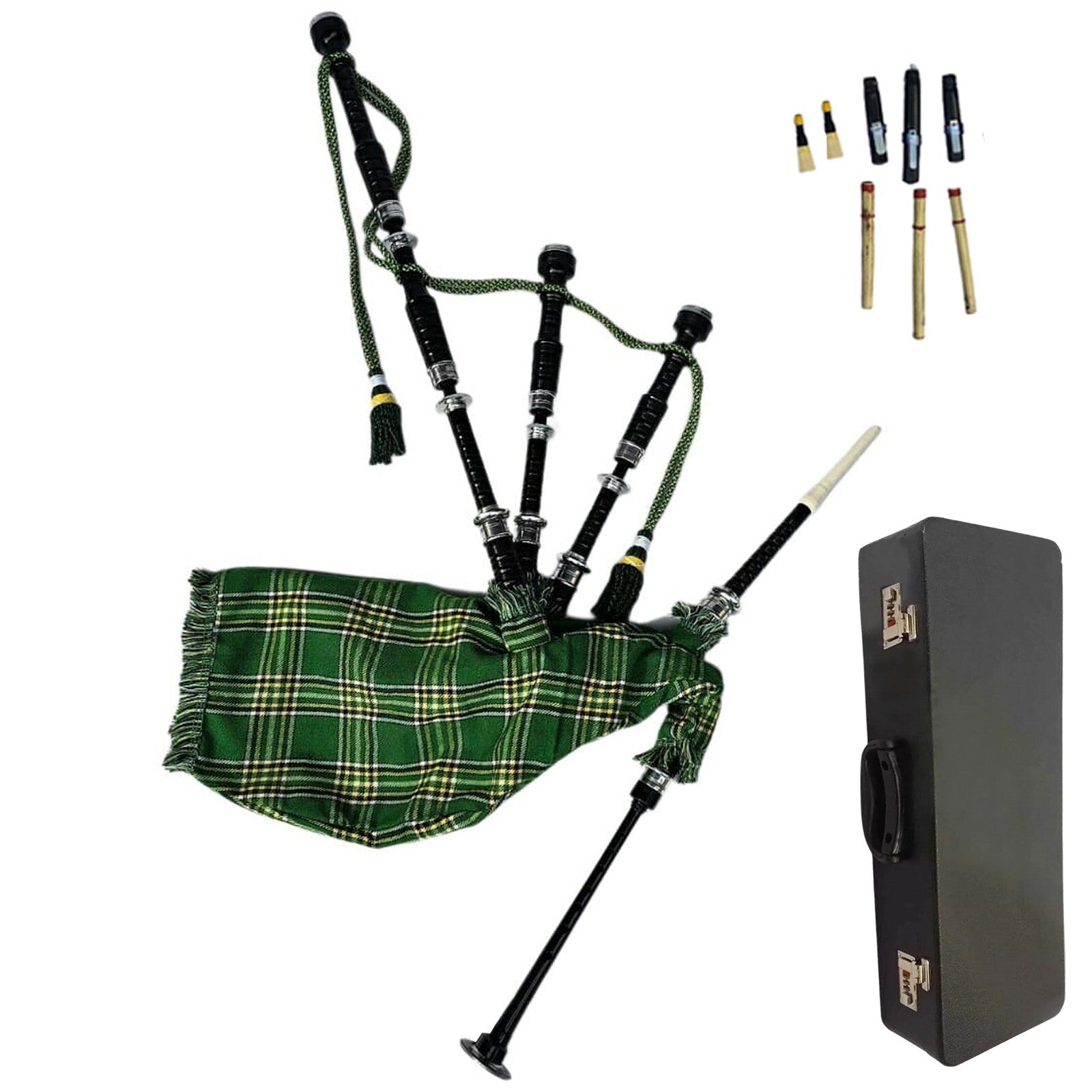 Great Highland Bagpipe – Silver Mounts, Irish Green Tartan & Hard Case Included