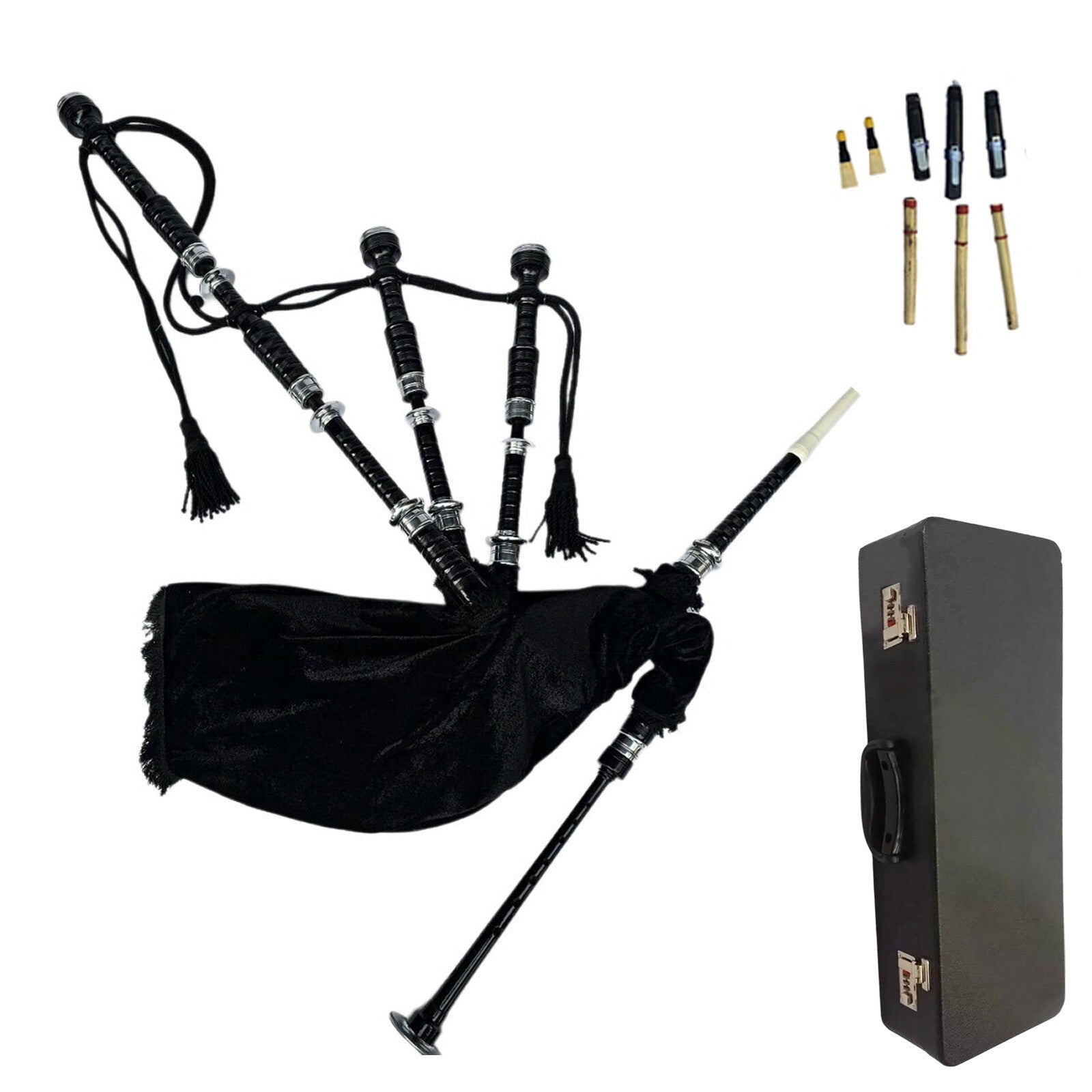 Great Highland Bagpipe – Silver Mounts, Black Velvet Finish & Hard Case Included