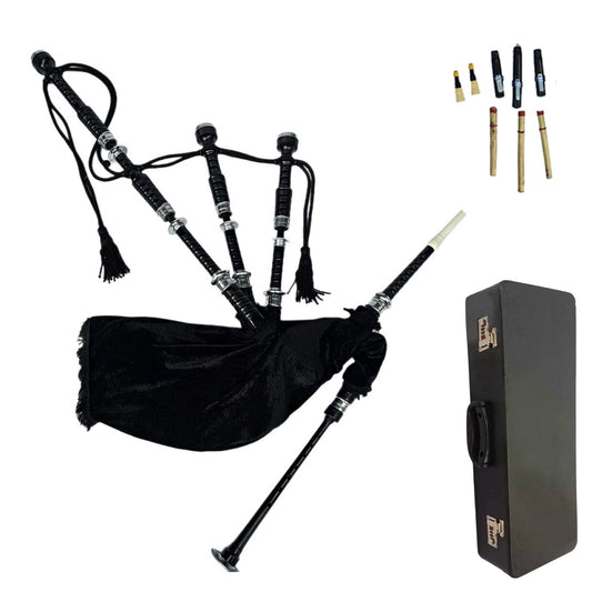 Great Highland Bagpipe – Silver Mounts, Black Velvet Finish & Hard Case Included