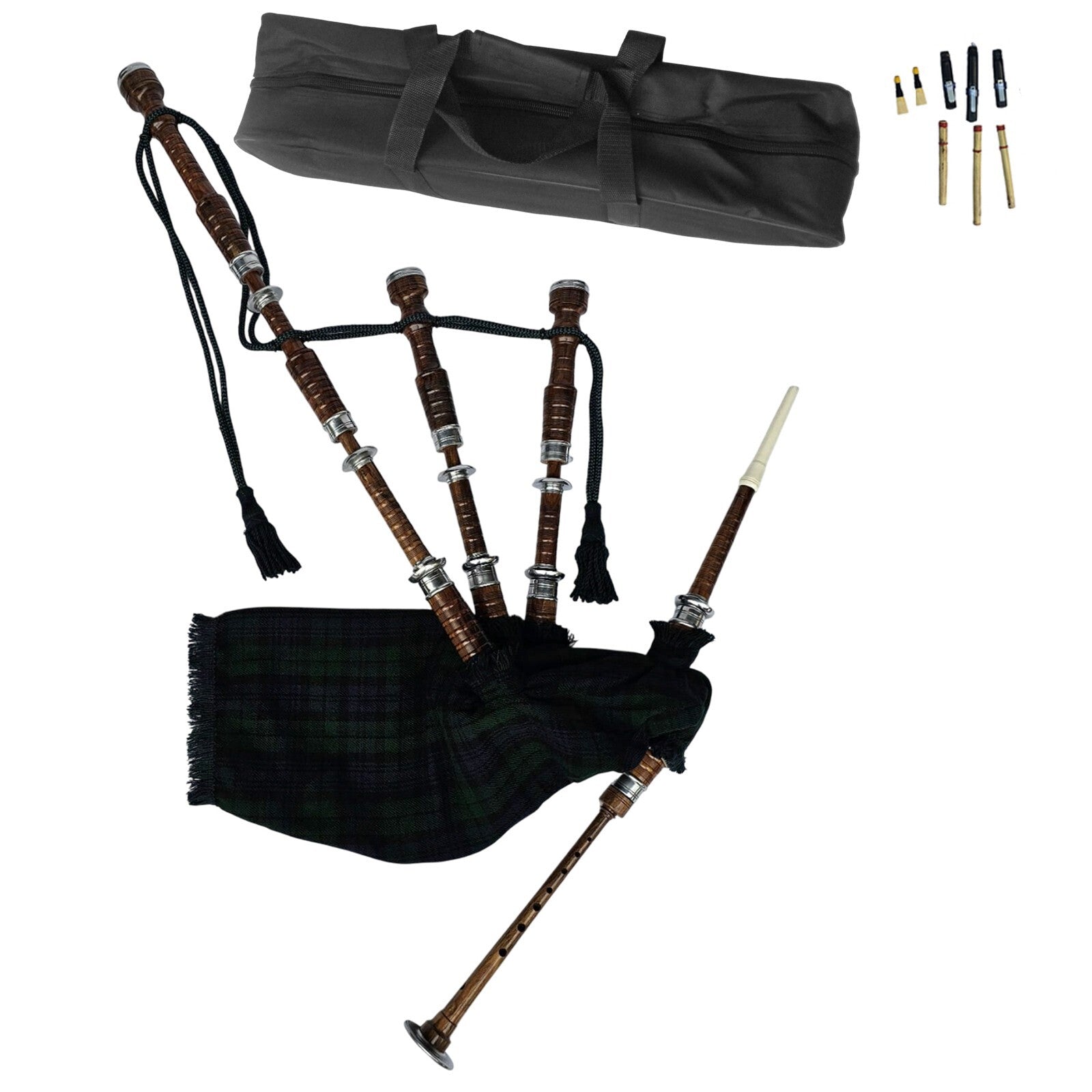 Great Highland Bagpipe – Natural Wood, Black Watch Tartan, Reeds & Carry Bag