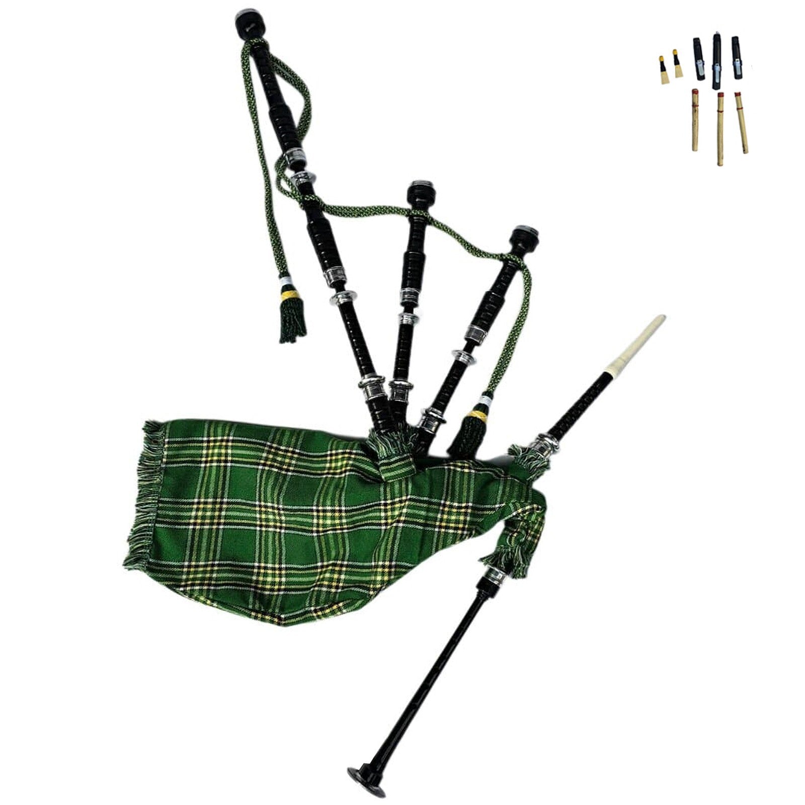 Great Highland Bagpipe – Silver Mounts, Irish Green Tartan & Hard Case Included