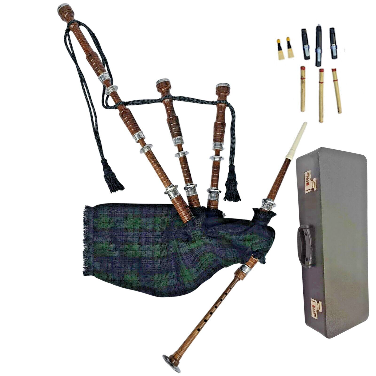 Great Highland Bagpipe – Natural Wood, Black Watch Tartan & Hard Case Included