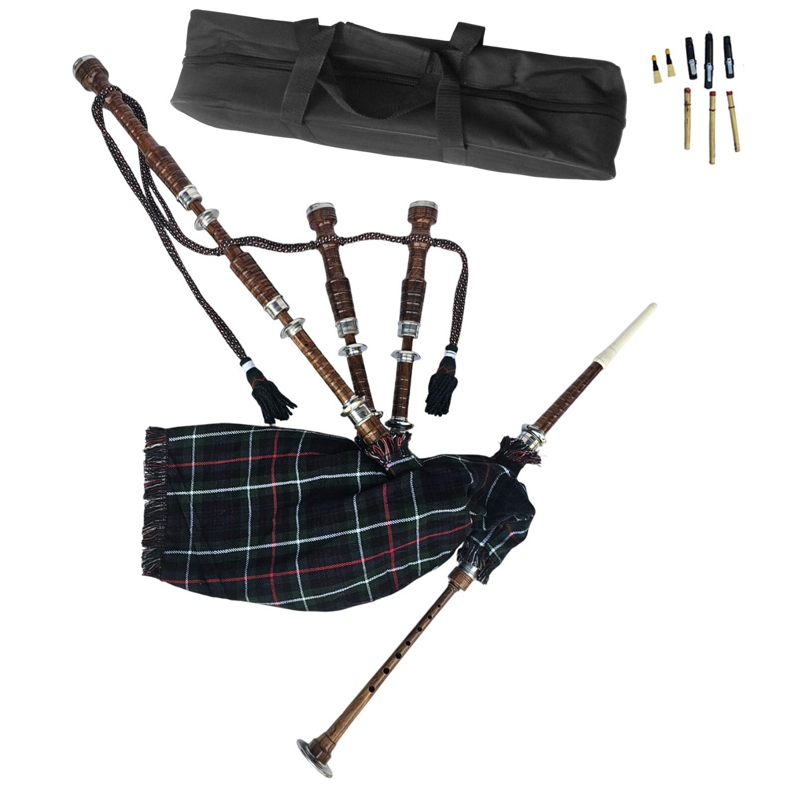 Great Highland Bagpipe – Natural Wood, Mackenzie Tartan, Reeds & Carry Bag