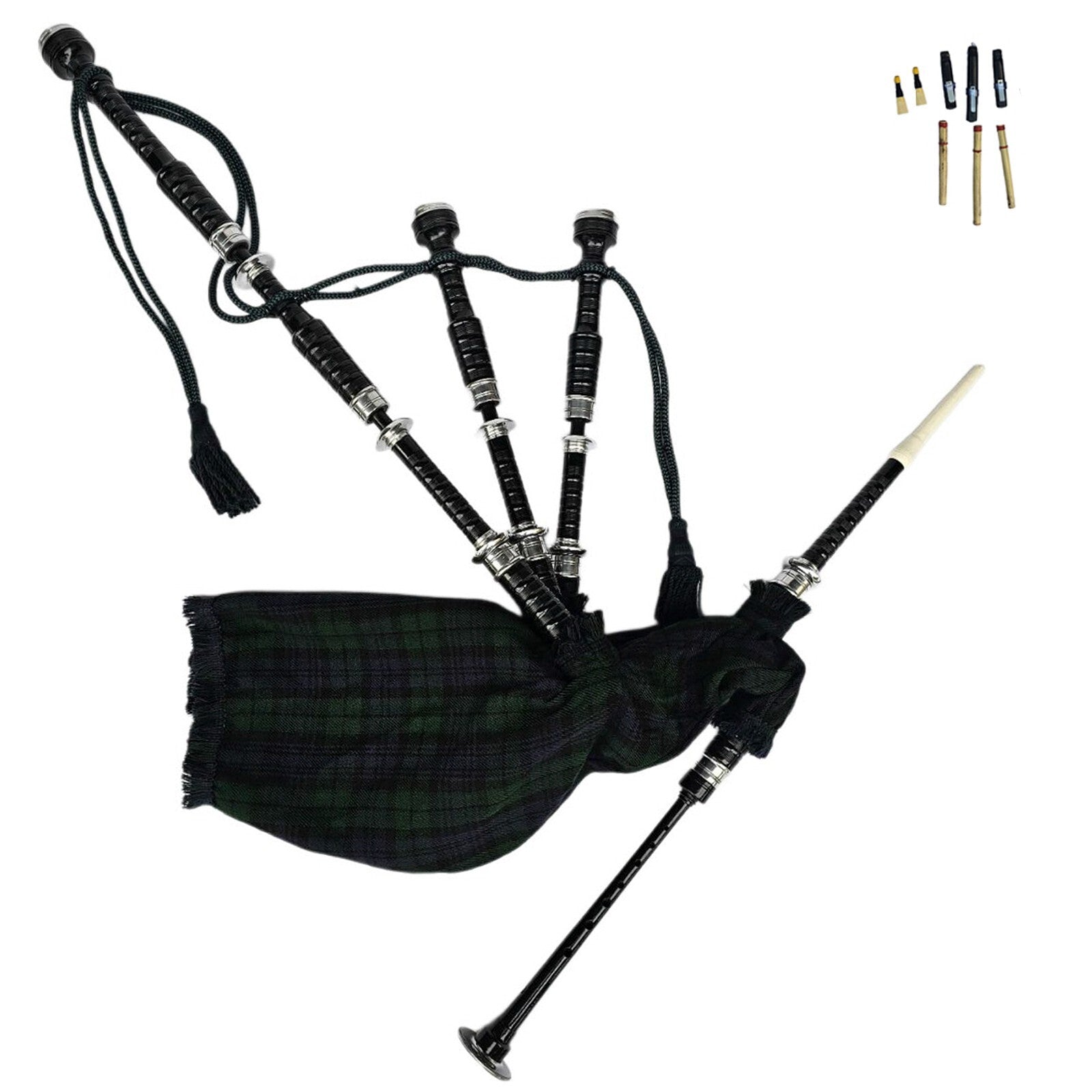 Great Highland Bagpipe – Black Watch Tartan, Silver Mounts & Carry Bag Included