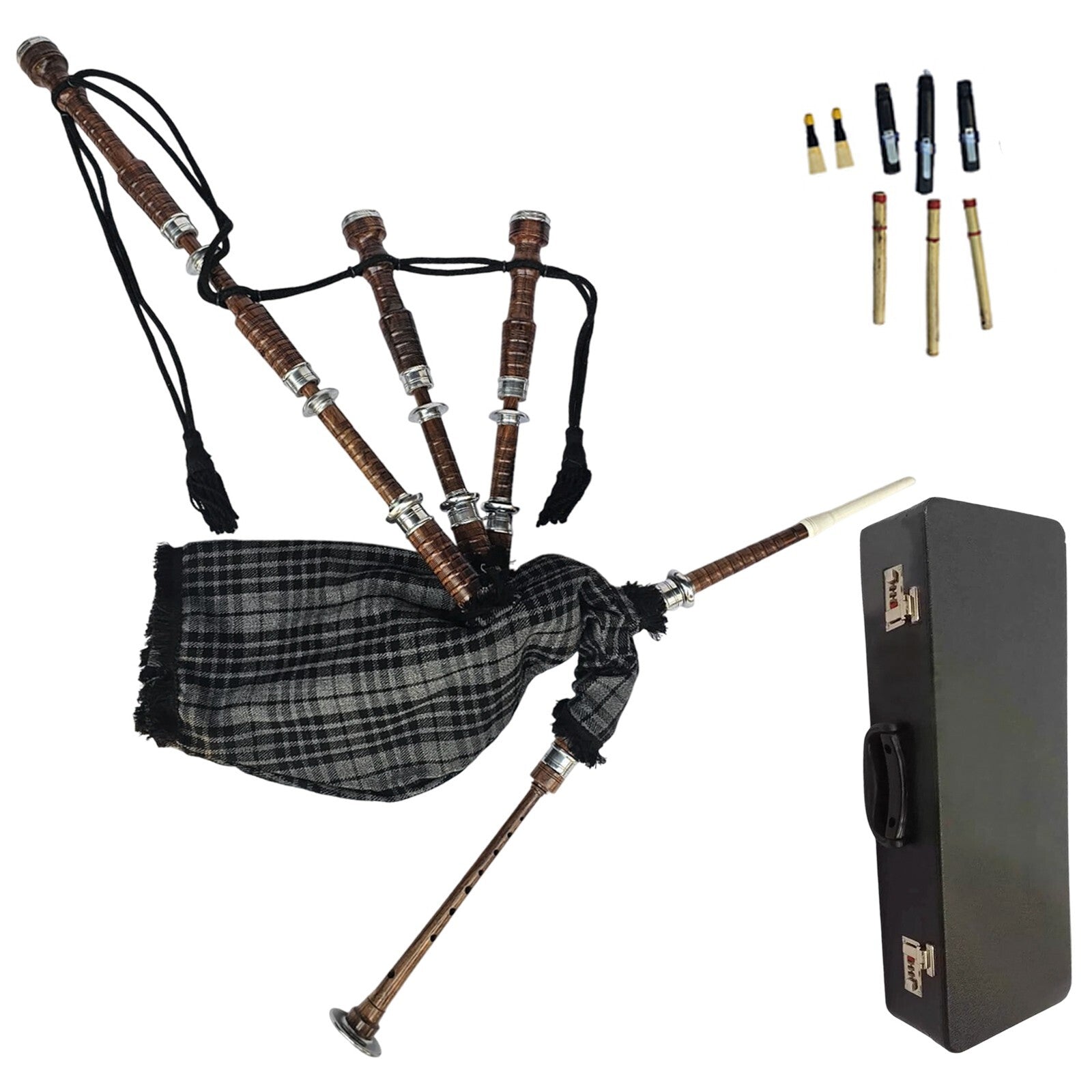 Great Highland Bagpipe – Natural Wood, Grey Watch Tartan & Hard Case Included