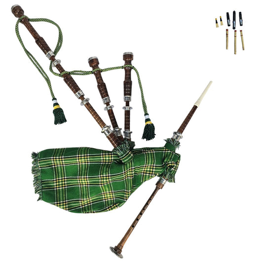 Great Highland Bagpipe – Natural Wood, Irish Green Tartan, Reeds & Carry Bag